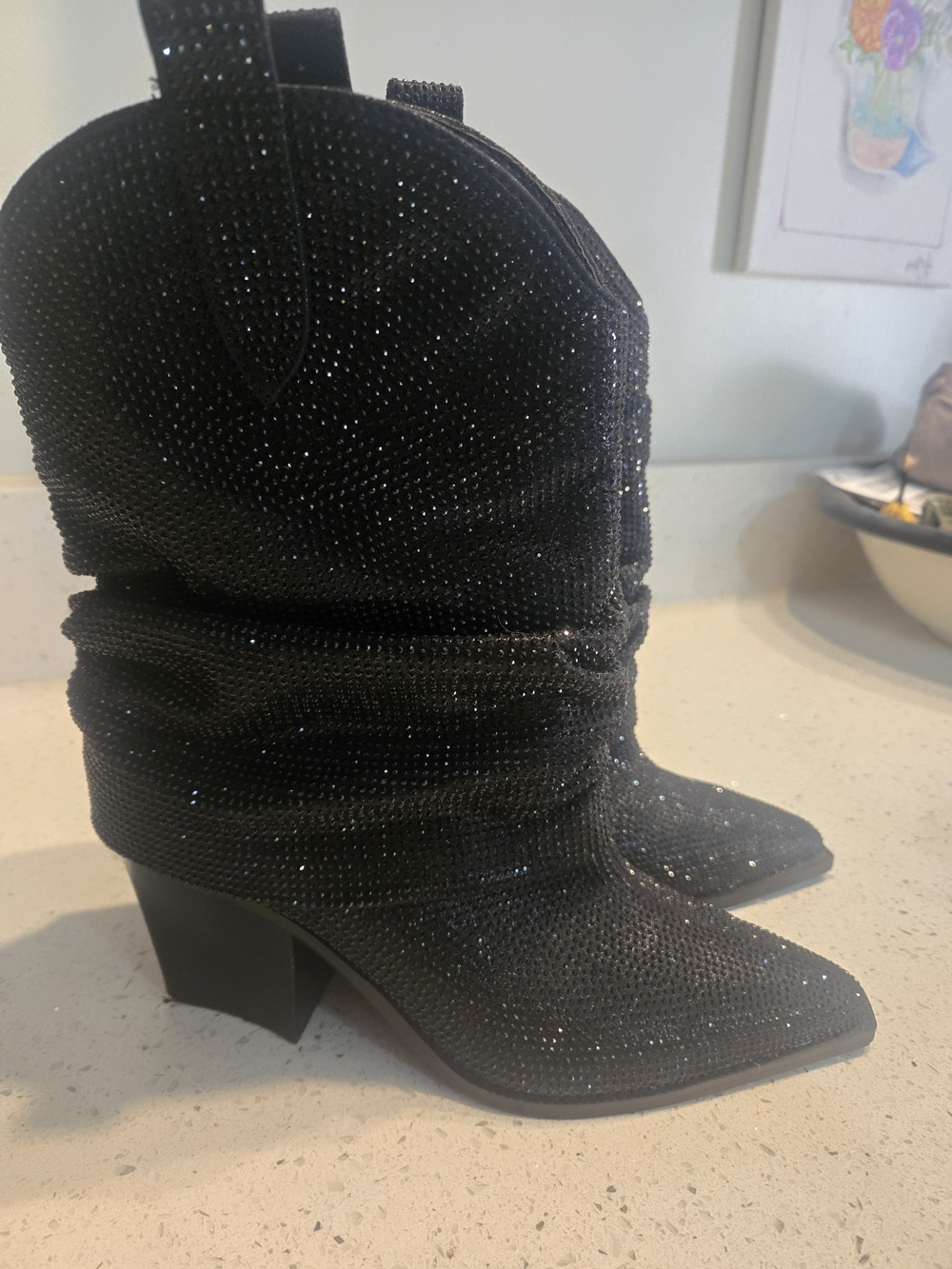 Black Rhinestone Slouch Mid-Heel Booties - Women